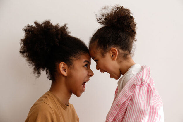 a pair of sisters fights screaming in each others faces